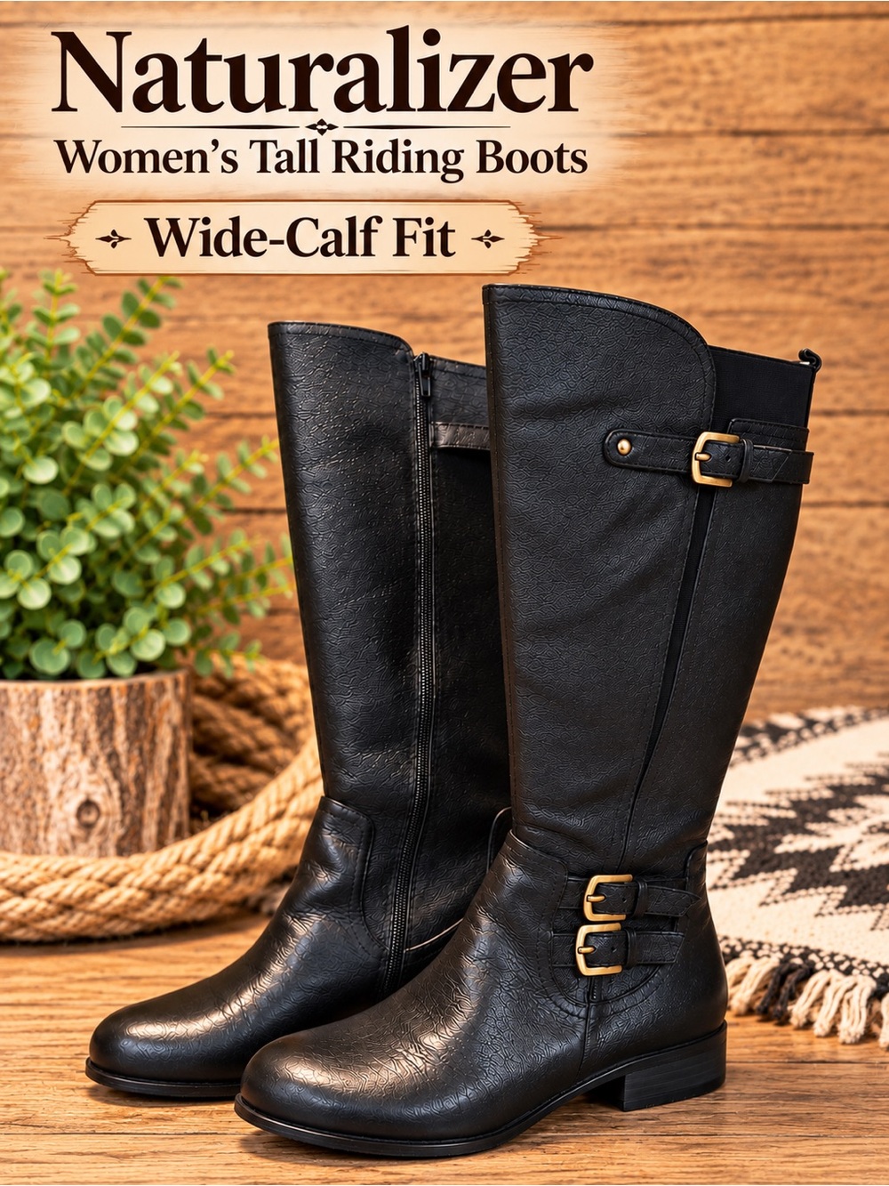 Naturalizer Black Leather Tall Riding Boots | 8W | Wide Calf | Buckle